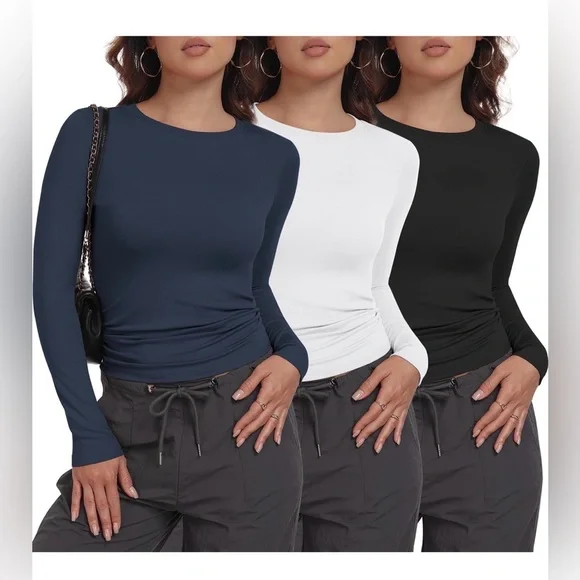 🆕3 Pack Womens Long Sleeve Crew Neck Basic Stretchy Shirt - Picture 1 of 2